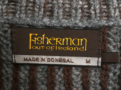 アイルランド製 チャンキー ニット セーター メンズ M / カシミヤ メリノ ウール リブ編み クルーネック 長袖ニット シンプル 無地 茶 灰