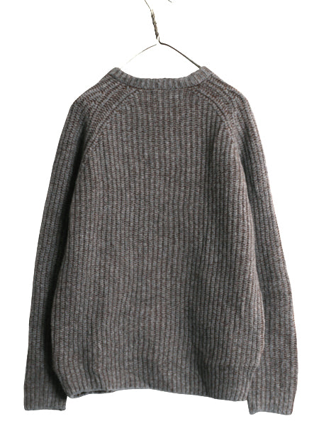 アイルランド製 チャンキー ニット セーター メンズ M / カシミヤ メリノ ウール リブ編み クルーネック 長袖ニット シンプル 無地 茶 灰