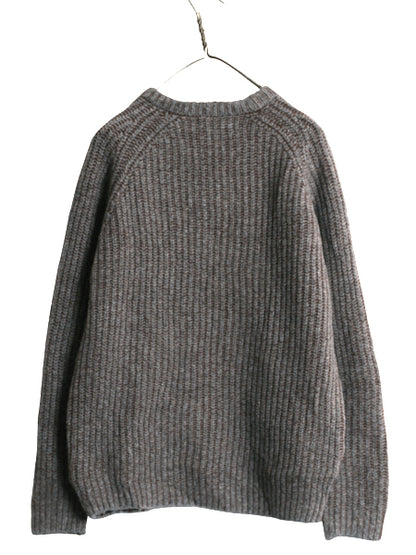 アイルランド製 チャンキー ニット セーター メンズ M / カシミヤ メリノ ウール リブ編み クルーネック 長袖ニット シンプル 無地 茶 灰