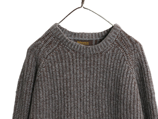 アイルランド製 チャンキー ニット セーター メンズ M / カシミヤ メリノ ウール リブ編み クルーネック 長袖ニット シンプル 無地 茶 灰
