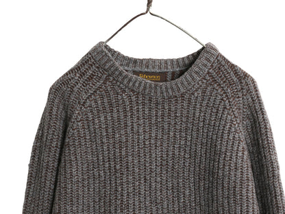 アイルランド製 チャンキー ニット セーター メンズ M / カシミヤ メリノ ウール リブ編み クルーネック 長袖ニット シンプル 無地 茶 灰