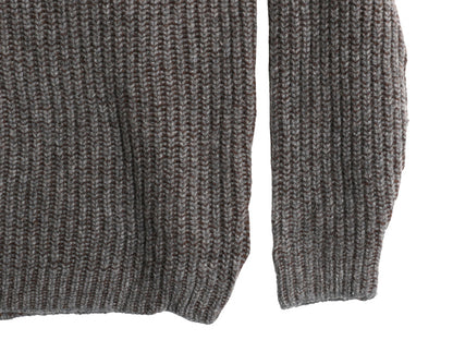 アイルランド製 チャンキー ニット セーター メンズ M / カシミヤ メリノ ウール リブ編み クルーネック 長袖ニット シンプル 無地 茶 灰