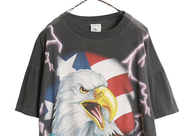 90s ★ アメリカンサンダー オールオーバー プリント Tシャツ メンズ XL / オールド 当時物 アート アニマル イーグル 黒 総柄 ショート丈