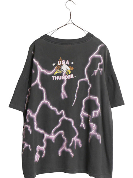 90s ★ アメリカンサンダー オールオーバー プリント Tシャツ メンズ XL / オールド 当時物 アート アニマル イーグル 黒 総柄 ショート丈