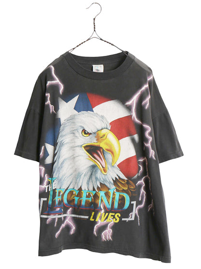 90s ★ アメリカンサンダー オールオーバー プリント Tシャツ メンズ XL / オールド 当時物 アート アニマル イーグル 黒 総柄 ショート丈