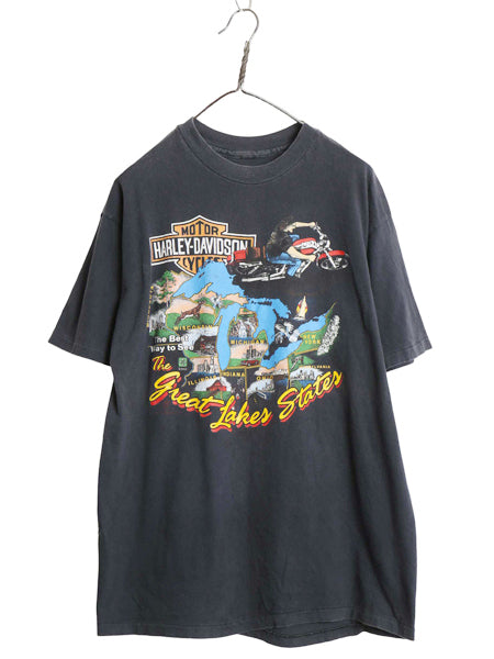 80s ハーレーダビッドソン 両面 プリント 半袖 Tシャツ メンズ L 程/ ヴィンテージ オフィシャル バイク アート シングルステッチ ブラック