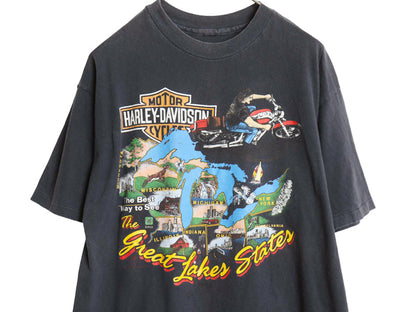 80s ハーレーダビッドソン 両面 プリント 半袖 Tシャツ メンズ L 程/ ヴィンテージ オフィシャル バイク アート シングルステッチ ブラック