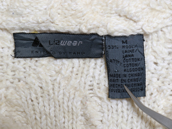 90s LIZ WEAR フルジップ ケーブル ニット パーカー レディース M オールド ハンドメイド ウール コットン セーター ジャケット ナチュラル