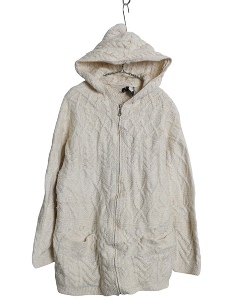90s LIZ WEAR フルジップ ケーブル ニット パーカー レディース M オールド ハンドメイド ウール コットン セーター ジャケット ナチュラル