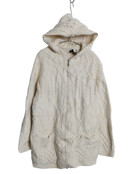 90s LIZ WEAR フルジップ ケーブル ニット パーカー レディース M オールド ハンドメイド ウール コットン セーター ジャケット ナチュラル