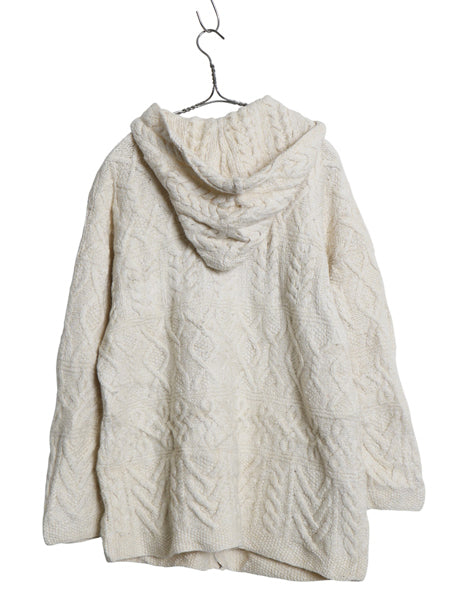 90s LIZ WEAR フルジップ ケーブル ニット パーカー レディース M オールド ハンドメイド ウール コットン セーター ジャケット ナチュラル