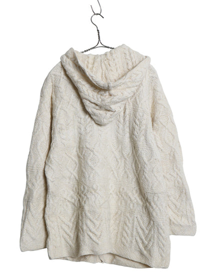 90s LIZ WEAR フルジップ ケーブル ニット パーカー レディース M オールド ハンドメイド ウール コットン セーター ジャケット ナチュラル