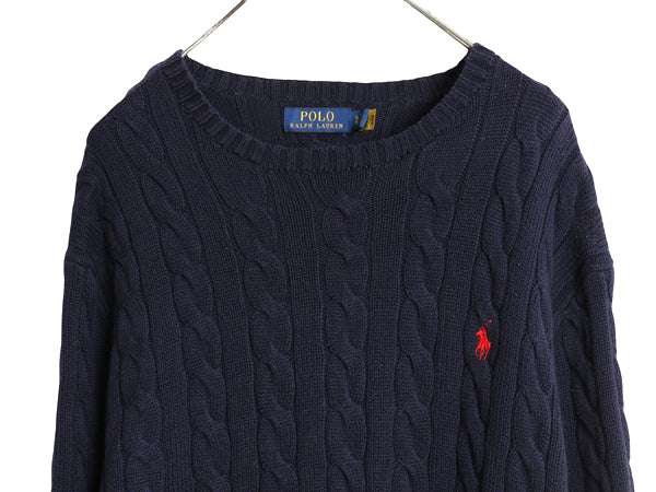 ポロ ラルフローレン コットン ケーブル ニット セーター メンズ XL 長袖ニット クルーネック ワンポイント ポニー 大きいサイズ ネイビー