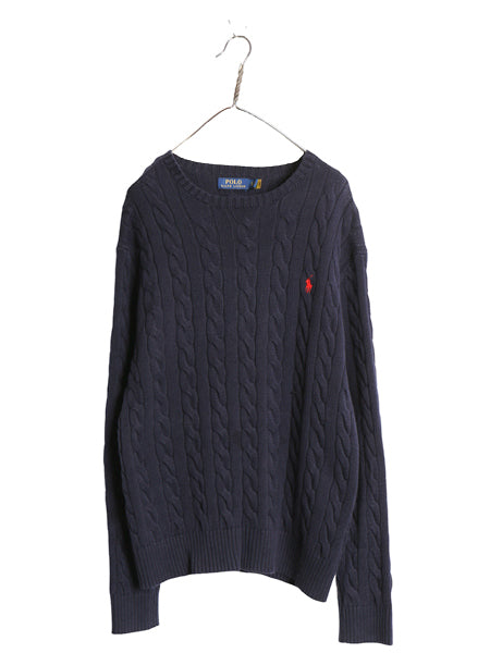 ポロ ラルフローレン コットン ケーブル ニット セーター メンズ XL 長袖ニット クルーネック ワンポイント ポニー 大きいサイズ ネイビー