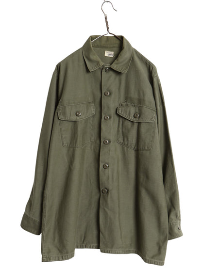70s 米軍実物 US ARMY コットン サテン ユーティリティ シャツ XL 74年製 ヴィンテージ OG107 シャツ袖 4th 軍物 ミリタリー 大きいサイズ
