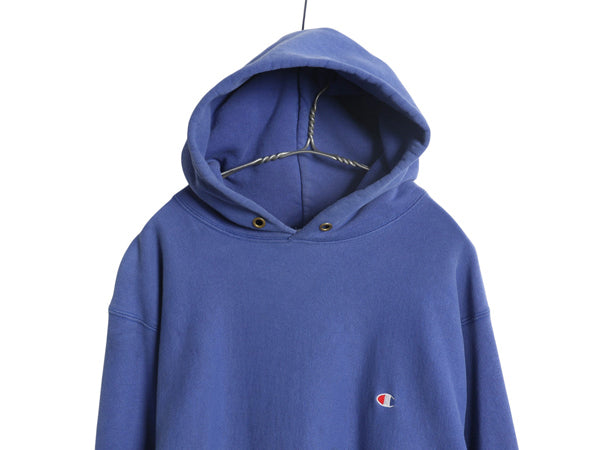 90s USA製 ★ チャンピオン リバースウィーブ スウェット フード パーカー メンズ XL オールド トレーナー 裏起毛 ワンポイント 目付き 青