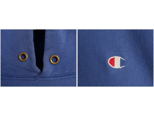 90s USA製 ★ チャンピオン リバースウィーブ スウェット フード パーカー メンズ XL オールド トレーナー 裏起毛 ワンポイント 目付き 青