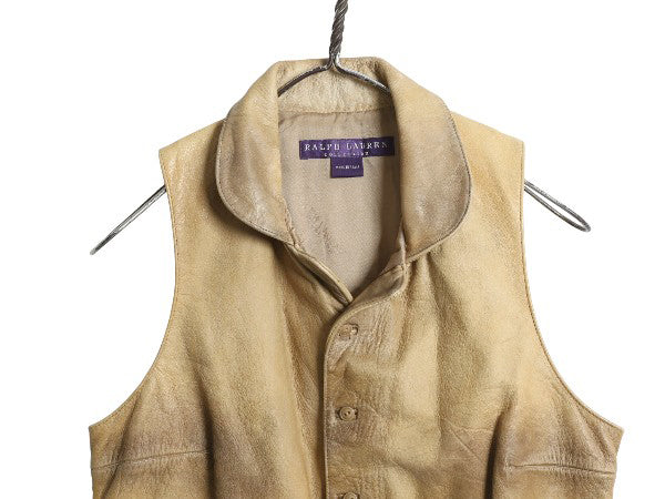 パープルレーベル ラルフローレン 本革 レザー テーラード ベスト レディース XS 程 ポロ ヴィンテージ 加工 ジレ 重ね着 前開き 牛革 無地