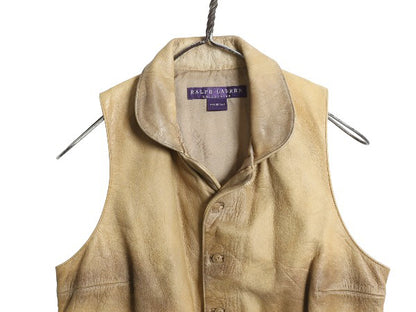 パープルレーベル ラルフローレン 本革 レザー テーラード ベスト レディース XS 程 ポロ ヴィンテージ 加工 ジレ 重ね着 前開き 牛革 無地