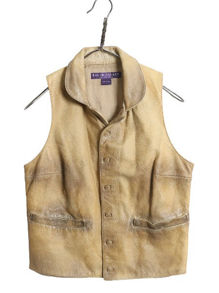 パープルレーベル ラルフローレン 本革 レザー テーラード ベスト レディース XS 程 ポロ ヴィンテージ 加工 ジレ 重ね着 前開き 牛革 無地