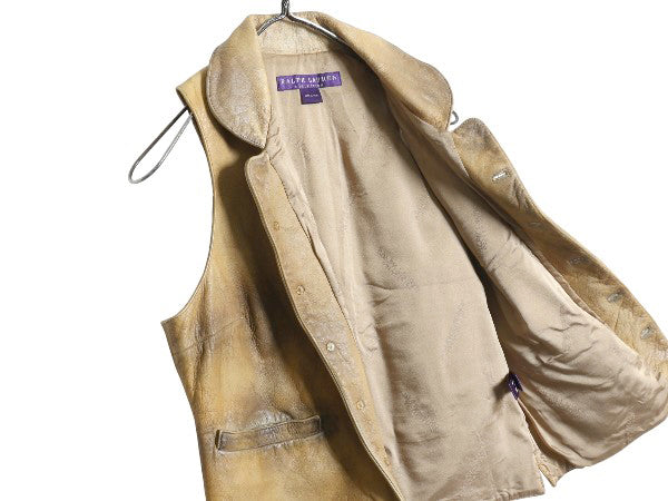 パープルレーベル ラルフローレン 本革 レザー テーラード ベスト レディース XS 程 ポロ ヴィンテージ 加工 ジレ 重ね着 前開き 牛革 無地
