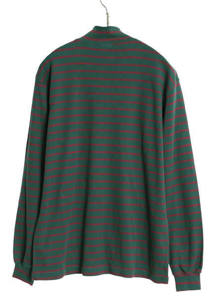 90s USA製 エルエルビーン モックネック ボーダー 長袖 Tシャツ メンズ M オールド ロンT ストレッチ コットン ハイネック ツートン 緑 赤