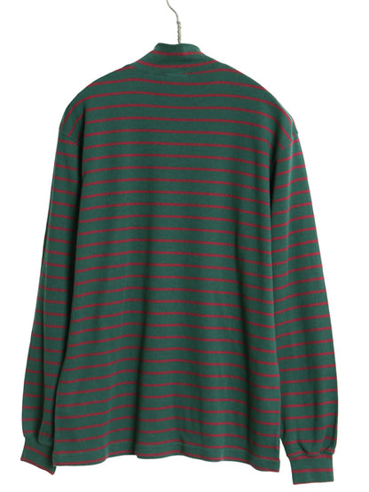 90s USA製 エルエルビーン モックネック ボーダー 長袖 Tシャツ メンズ M オールド ロンT ストレッチ コットン ハイネック ツートン 緑 赤