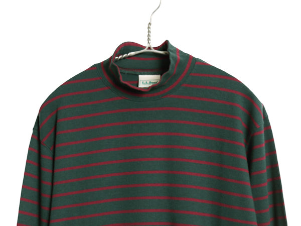 90s USA製 エルエルビーン モックネック ボーダー 長袖 Tシャツ メンズ M オールド ロンT ストレッチ コットン ハイネック ツートン 緑 赤