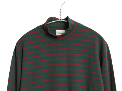90s USA製 エルエルビーン モックネック ボーダー 長袖 Tシャツ メンズ M オールド ロンT ストレッチ コットン ハイネック ツートン 緑 赤