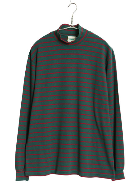 90s USA製 エルエルビーン モックネック ボーダー 長袖 Tシャツ メンズ M オールド ロンT ストレッチ コットン ハイネック ツートン 緑 赤
