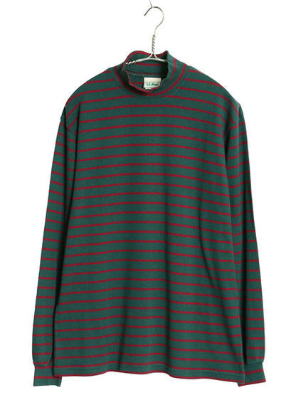 90s USA製 エルエルビーン モックネック ボーダー 長袖 Tシャツ メンズ M オールド ロンT ストレッチ コットン ハイネック ツートン 緑 赤