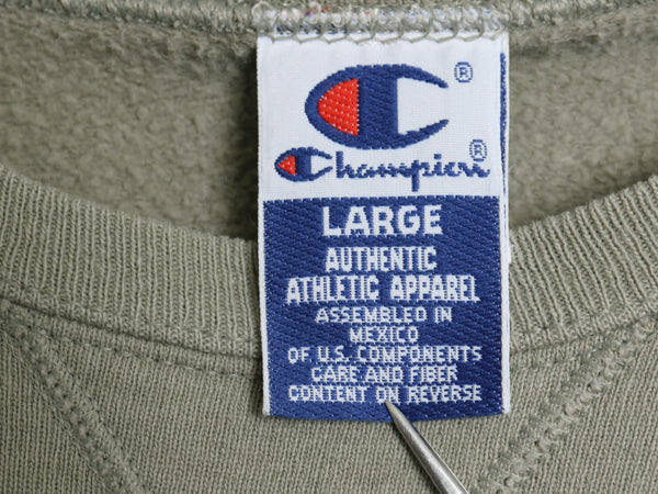 90s チャンピオン ワンポイント スウェット メンズ レディース L / 古着 オールド 裏起毛 トレーナー スクリプト ロゴ 前V シンプル カーキ