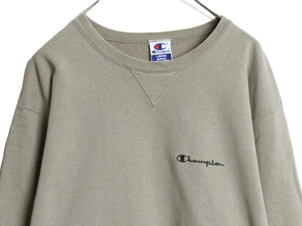 90s チャンピオン ワンポイント スウェット メンズ レディース L / 古着 オールド 裏起毛 トレーナー スクリプト ロゴ 前V シンプル カーキ