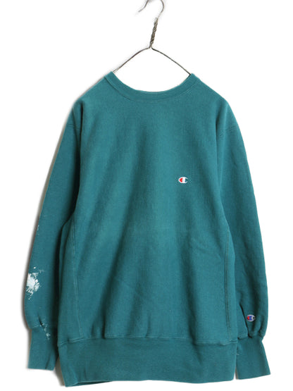 90s USA製 ★ チャンピオン リバースウィーブ スウェット メンズ XL オールド トレーナー ワンポイント 目付き ヘビーウェイト ターコイズ