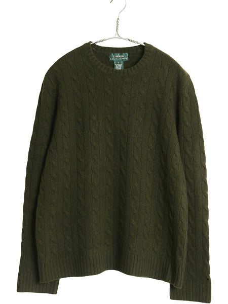 90s ローレン ラルフローレン ケーブル ニット セーター レディース L 古着 オールド ポロ メリノ ウール カシミヤ アンゴラ 無地 オリーブ