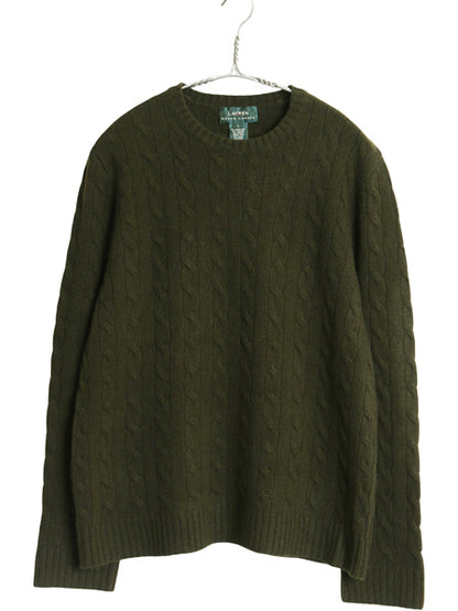 90s ローレン ラルフローレン ケーブル ニット セーター レディース L 古着 オールド ポロ メリノ ウール カシミヤ アンゴラ 無地 オリーブ