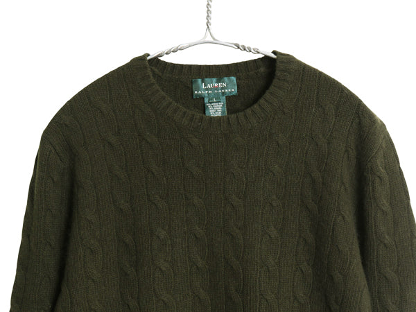 90s ローレン ラルフローレン ケーブル ニット セーター レディース L 古着 オールド ポロ メリノ ウール カシミヤ アンゴラ 無地 オリーブ