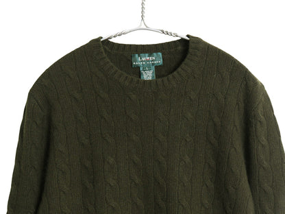 90s ローレン ラルフローレン ケーブル ニット セーター レディース L 古着 オールド ポロ メリノ ウール カシミヤ アンゴラ 無地 オリーブ