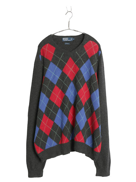 90s ポロ ラルフローレン アーガイル ニット セーター メンズ XXL 古着 オールド ウール Vネック リブ編み プルオーバー 大きいサイズ 濃灰