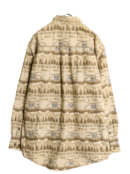 00s ウールリッチ フィッシング 総柄 プリント シャモア シャツ メンズ L 古着 オールド ボタンダウン 長袖シャツ ネルシャツ フランネル