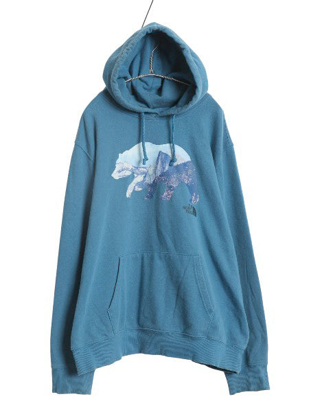 ノースフェイス プリント スウェット フード パーカー メンズ XL 裏起毛 プルオーバー トレーナー ベア グラフィック 大きいサイズ ブルー