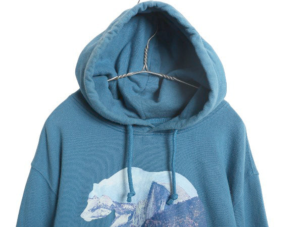 ノースフェイス プリント スウェット フード パーカー メンズ XL 裏起毛 プルオーバー トレーナー ベア グラフィック 大きいサイズ ブルー