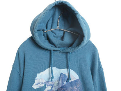 ノースフェイス プリント スウェット フード パーカー メンズ XL 裏起毛 プルオーバー トレーナー ベア グラフィック 大きいサイズ ブルー