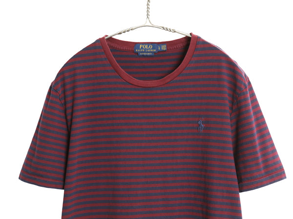 ポロ ラルフローレン ボーダー 半袖 Tシャツ メンズ L 古着 コットン シングルステッチ ワンポイント カットソー スリム フィット ツートン