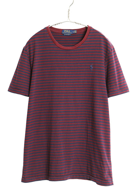 ポロ ラルフローレン ボーダー 半袖 Tシャツ メンズ L 古着 コットン シングルステッチ ワンポイント カットソー スリム フィット ツートン