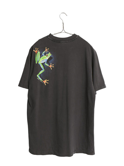 90s USA製 カエル イラスト 両面 プリント Tシャツ メンズ L 古着 オールド アニマル アート グラフィック シングルステッチ スーベニア 黒