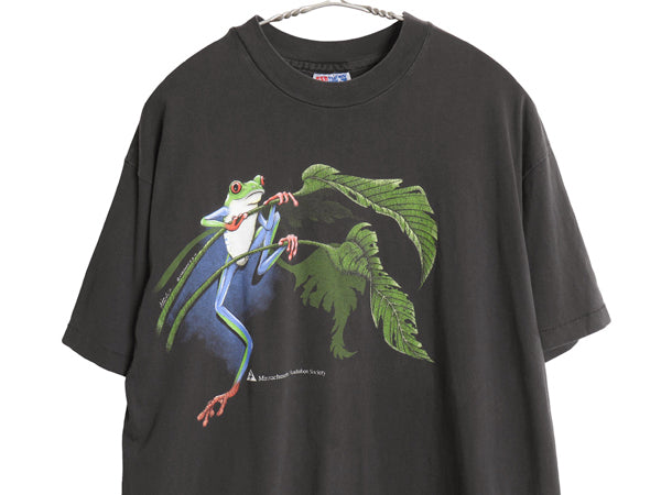 90s USA製 カエル イラスト 両面 プリント Tシャツ メンズ L 古着 オールド アニマル アート グラフィック シングルステッチ スーベニア 黒