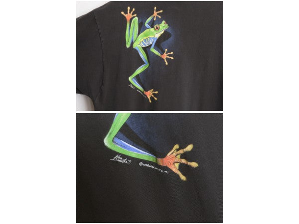 90s USA製 カエル イラスト 両面 プリント Tシャツ メンズ L 古着 オールド アニマル アート グラフィック シングルステッチ スーベニア 黒