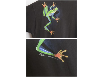 90s USA製 カエル イラスト 両面 プリント Tシャツ メンズ L 古着 オールド アニマル アート グラフィック シングルステッチ スーベニア 黒