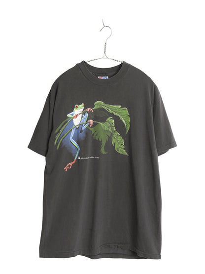 90s USA製 カエル イラスト 両面 プリント Tシャツ メンズ L 古着 オールド アニマル アート グラフィック シングルステッチ スーベニア 黒
